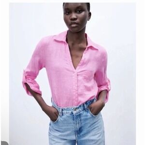 ZARA 100% Linen Roll Tab Button Up Shirt Medium Pink Coastal Barbiecore S